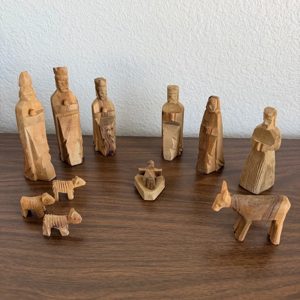SERRV Jordan Hand Carved Olive Wood Nativity Set 11 Piece Rustic Minimalist